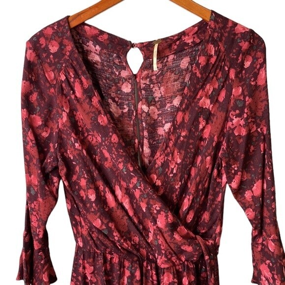 Free People All the Right Ruffles Romper in Berry Floral Wrap 3/4 Sleeve - Picture 3 of 16